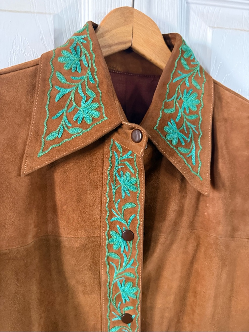 Vintage Suede Embroidered Western Jacket - Brown with Turquoise Accents - Picture 3 of 11